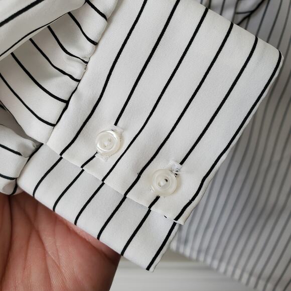 VTG 80s Ruffle High Neck White Black Pinstripe Blouse Shirt L Victorian Vampire - Picture 3 of 9